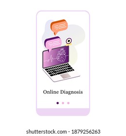 Application design for Online Doctor, Online Consultation, Virtual Doctor, Online Diagnosis. UI onboarding screen design. 3D isometric onboard mobile app template page. Modern flat vector illustration