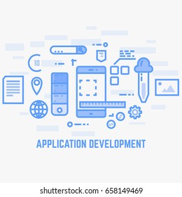 Application design or programming. Flat style line vector. Mobile phone with web designer tools. Color picker, photos, ruler, documents and elements. Thin line modern style. App development.