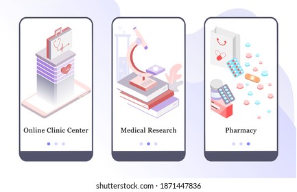 Application design set for Online Clinic Center, Medical Research and Pharmacy. UI onboarding screens design. Mobile app template website, web page. Modern vector illustrations for user interface.