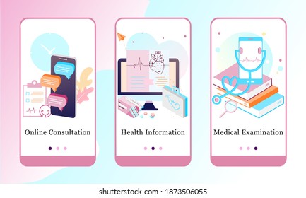 Application design set for Online Consultation, Health Information, Medical Examination. UI onboarding screens design. Mobile app template web site. 3D modern vector illustrations for user interface.