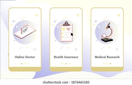 Application design set for Online Doctor, Health Insurance, Medical Research. UI onboarding screens design. Mobile app 3D isometric template web site. Modern vector illustrations for user interface.