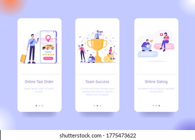 Application design set for Online Taxi Ordering, Team Success and Online Dating. UI onboarding screens design. Mobile app template. Modern vector illustrations for user interface