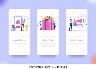 Application design set for Reward Program, Bonus Gifts and Online Reward. UI on boarding screens design. Mobile app template. Modern vector illustrations for user interface