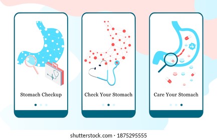 Application design set for Stomach Checkup, Check your Stomach and Care your Stomach. UI onboarding screens design. Mobile app template web site. 3D  modern vector illustrations for user interface.