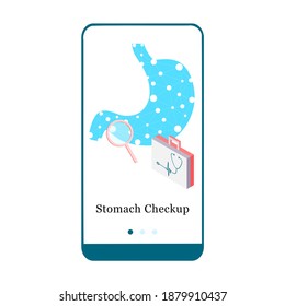 Application design for Stomach Checkup, Stomach Health Care, Care for your Stomach. UI onboarding screen design. 3D isometric onboard mobile app template page. Modern flat vector illustration