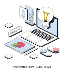 Application design, user interface, lamp ideas, graphic tablet. Vector 3d line isometric, color web icons, new flat style. Creative design idea for infographics.
