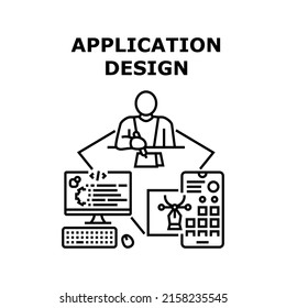 Application Design Vector Icon Concept. Application Design Planning And Developing Designer At Workplace, Painting Mockup On Paper List And Develop On Computer. App Designing Black Illustration