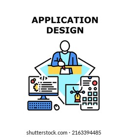 Application Design Vector Icon Concept. Application Design Planning And Developing Designer At Workplace, Painting Mockup On Paper List And Develop On Computer. App Designing Color Illustration