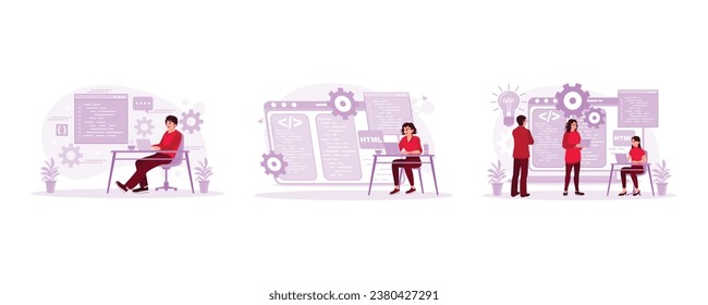 Application developers work in front of a computer screen. Female IT developer working. Computer programmers work in start up companies. Programmers concept. Set Trend Modern vector flat illustration