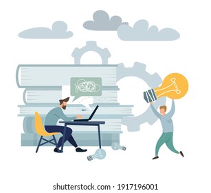 Application developing team works. Workspace with business people sitting by desk, working together, discussing, negotiating the deal, solving problems. Contemporary management concept business.