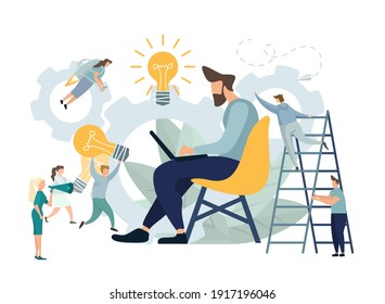 Application developing team works. Workspace with business people sitting by desk, working together, discussing, negotiating the deal, solving problems. Contemporary management concept business.