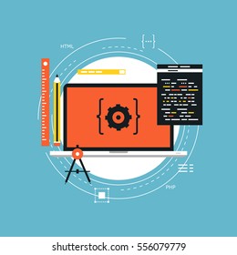 Application development with API interface flat vector illustration design. Technology concept for software API prototyping and testing. Design for web banners and apps