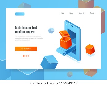 Application development, banner with mobile phone and conveyor line, online buying of digital product, app smartphone install isometric vector illustration