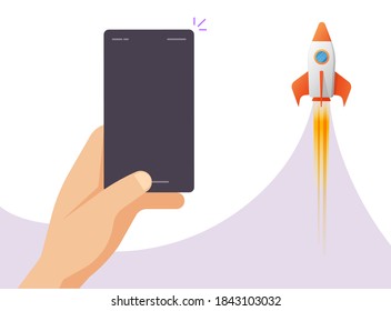 Application development boost launch on with blank empty mobile phone smartphone, rocket ship as digital fast quick growing business high speed start up vector copy space text poster banner design