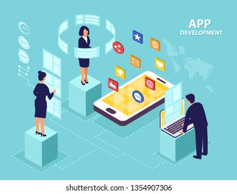 Application development concept. Isometric vector of business people software engineers developing new mobile apps.