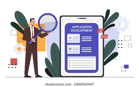 Application development concept. Man with magnifying glass near smartphone screen with software or program. Programmer and IT specialist. Cartoon flat vector illustration isolated on white background