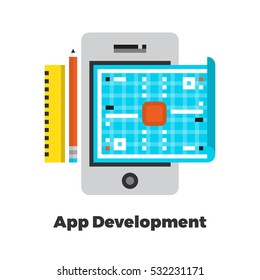 Application Development Flat Icon. Material Design Illustration Concept. Modern Colorful Web Design Graphics. Premium Quality. Pixel Perfect. Bold Line Color Art. Unusual Artwork Isolated on White. 