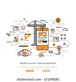 Application development flat line business vector illustration design banner, software API prototyping and testing background. Smartphone interface building process, website coding concept 