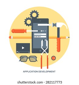 application development, flat style, colorful, vector icon set for info graphics, websites, mobile and print media.