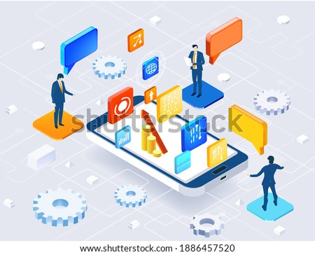 Application development iIsometric illustration. Business people having a meeting, discussing progress, making agreements. Business management, advisory, finance, supervising and support concept 