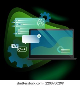Application Development Illustration. Detailed Coding Elements, Laptop and Settings. Vector illustration