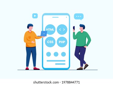 Application development illustration. UI and UX designer. Mobile apps developer vector flat design 
