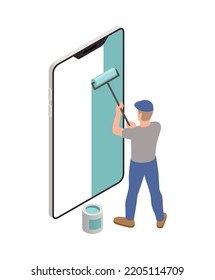 Application development isometric concept with man painting smartphone screen 3d vector illustration