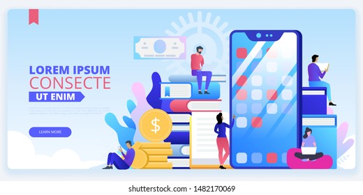 Application development landing page template. Modern mobile technology website homepage interface idea with flat vector illustrations. Software developers team service web banner cartoon concept