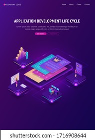 Application Development Life Cycle Banner. Process Stages Of Project Management. Vector Infographic Of Software Development Lifecycle With Isometric Illustration Of Smartphone And Working People