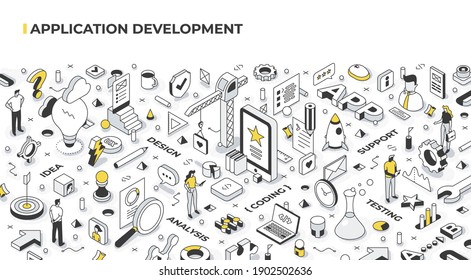 Ciclo de vida de desarrollo de aplicaciones. Etapas del desarrollo de software desde la idea hasta el producto final: idea, diseño, análisis, codificación, pruebas y soporte. Concepto de ilustración isométrica