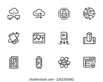 Application development line icon set. Battery charging, binary code, cloud networking. Information technology concept. Can be used for topics like programming, mobile apps, artificial intelligence