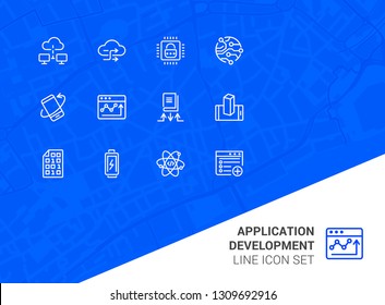 Application development line icon set. Battery charging, binary code, cloud networking. Information technology concept. Can be used for topics like programming, mobile apps, artificial intelligence