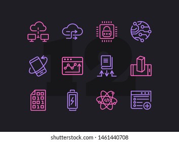 Application development line icon set. Battery charging, binary code, cloud networking. Information technology concept. Can be used for topics like programming, mobile apps, artificial intelligence
