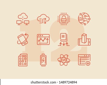 Application development line icon set. Battery charging, binary code, cloud networking. Information technology concept. Can be used for topics like programming, mobile apps, artificial intelligence