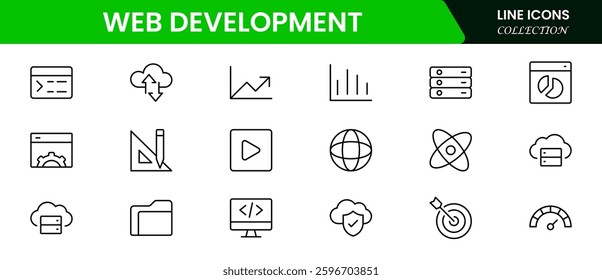 Application development line icons. Vector illustration included icons as mobile software, app UX prototyping, and data analytics pictogram for web startup launch. Green Color,