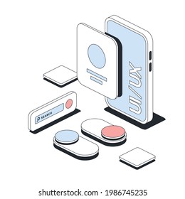 Application development, mobile app design elements. Vector 3d line isometric, color web icons, new flat style. Creative design idea for infographics.