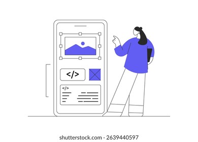 Application development. Mobile app, web design concept. Developer brainstorming UI and UX designs for webpage user interface or mobile app. Flat Cartoon Vector Illustration, icon. Stylish abstract 