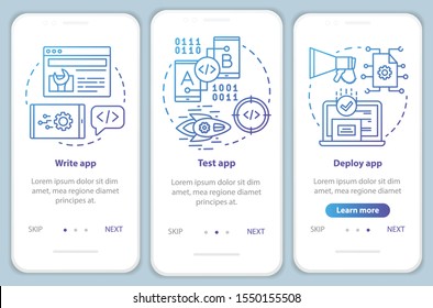 Application development onboarding mobile app page screen vector template. Software programming. Walkthrough website steps with linear illustrations. UX, UI, GUI smartphone interface concept