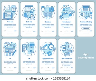 Application development onboarding mobile app page screen vector template. Software programming. Walkthrough website steps with linear illustrations. UX, UI, GUI smartphone interface concept