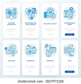 Application development onboarding mobile app page screens set. Consumer feedback walkthrough 4 steps graphic instructions with concepts. UI, UX, GUI vector template with linear color illustrations