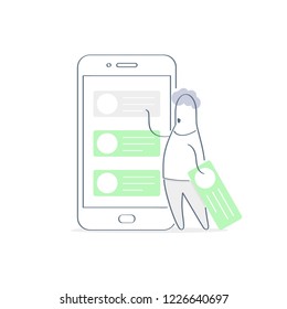 Application development process, smartphone interface screen with list of task cards, manager holding new task card in hand. Mobile app building process, project management. Outline vector concept.