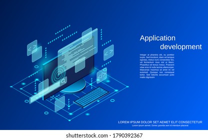 Application development, program coding flat 3d isometric vector concept illustration