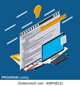 Application development, program coding, software testing flat isometric vector concept illustration