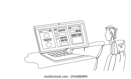 Application Development Programmer Work Black Line Pencil Drawing Vector. Young Man Working On Laptop And App Development, Professional Occupation. Character Boy Software Programming Illustration