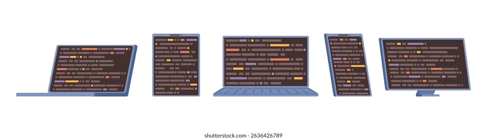 Application development and quality assurance service. Vector isolated laptops, tablets and personal computer with coding programs. Programming or developing software with codes on screens