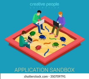 Application development sandbox debug flat 3d isometric isometry code programming technology concept web vector illustration. Programmer debugger debugging in sand box among bug worm. Creative people.