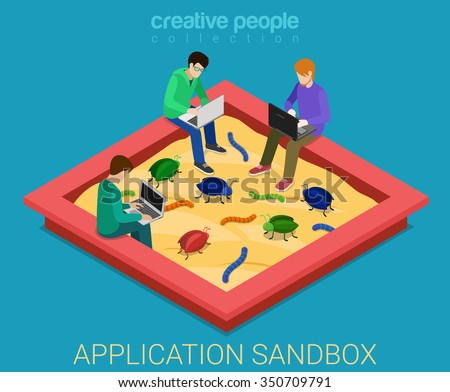 Application development sandbox debug flat 3d isometric isometry code programming technology concept web vector illustration. Programmer debugger debugging in sand box among bug worm. Creative people.