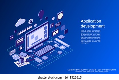 Application development, SEO process, algorithm optimization, website construction flat 3d isometric vector concept illustration