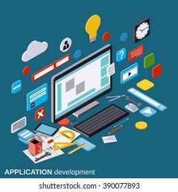 Application development, SEO process, algorithm optimization, website construction flat 3d isometric vector concept illustration