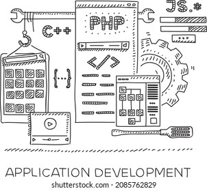 Application development - sketchy hand-drawn vector illustration. The concept with the smart phone and the monitor and other software tools 